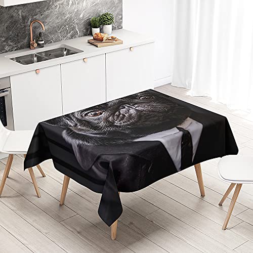 Oduo Halloween Rechteckig Tischdecke Wasserdicht Polyester, 3D-Mops Druck Tischdecke Pflegeleicht Fleckschutz Abwaschbar Indoor Küche Outdoor Garten Deko (Schwarzer Anzug,140x140cm) von Oduo