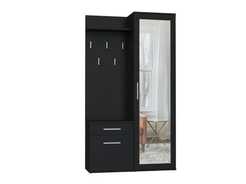 Oggi Ibiza Flurgarderobe mit Spiegel 100x180x35cm Kleiderbügel Schuhschrank Schrank aus 16mm Schichtstoffplatte Modisches Design Minimalistisch Modern Schwarz von Oggi