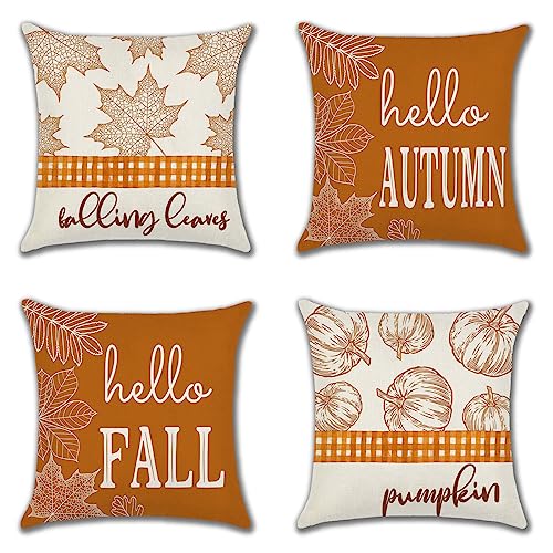 Ohok 4er Set Dekorativ Herbst Kissenbezug mit Motiv 45x45 cm, Polyester Leinen Zierkissenbezüge, Deko Sofakissen Couchkissen Kissenhülle Set für Schlafzimmer Wohnzimmer Sofa Couch Auto (Hello Autumn) von Ohok