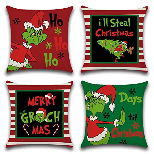 Ohok 4er Set Dekorativ Kissenbezug, Polyester Leinen Zierkissenbezüge Weihnachten Kissenbezüge Dekor Kissenhülle Set für Schlafzimmer Wohnzimmer Sofa Couch Auto (40x40 cm, Grinch HO HO HO) von Ohok