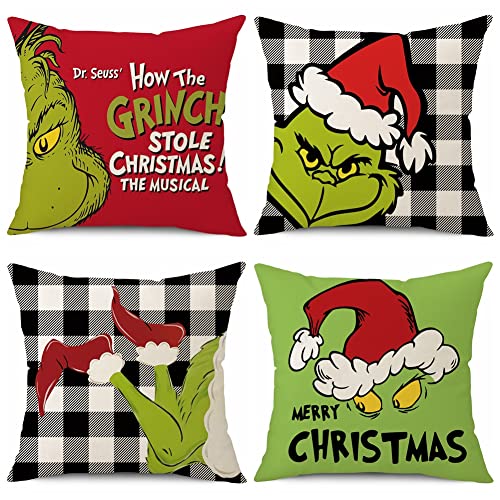 Ohok 4er Set Dekorativ Kissenbezug 45x45 cm, Polyester Leinen Zierkissenbezüge Weihnachten Grinch Kissenbezüge Dekor Kissenhülle Set für Schlafzimmer Wohnzimmer Sofa Couch Auto (Gitter) von Ohok