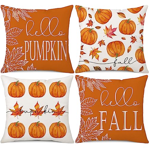 Ohok 4er Set Dekorativ Kissenbezug mit Herbst Motiv 45x45 cm, Polyester Leinen Zierkissenbezüge, Deko Sofakissen Couchkissen Kissenhülle Set für Wohnzimmer Schlafzimmer Sofa (Ahornblatt Kürbis C) von Ohok