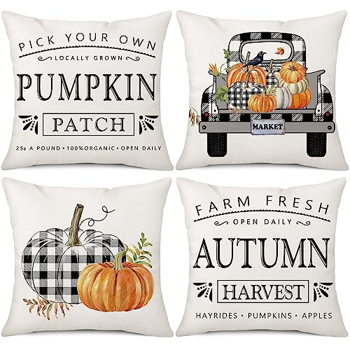 Ohok 4er Set Dekorativ Kissenbezug mit Herbst Motiv 45x45 cm, Polyester Leinen Zierkissenbezüge, Deko Sofakissen Couchkissen Kissenhülle Set für Wohnzimmer Schlafzimmer Sofa (Ahornblatt Kürbis G) von Ohok