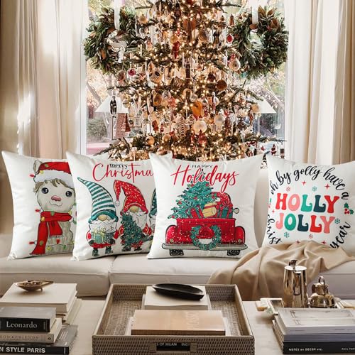 Ohok 4er Set Dekorativ Weihnachten Kissenbezug 45x45 cm, Polyester Leinen Zierkissenbezüge Christmas Kissenbezüge Dekor Kissenhülle Set für Schlafzimmer Wohnzimmer Sofa Couch (Weihnachten Feiertage) von Ohok