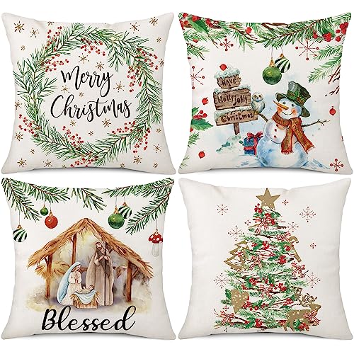 Ohok 4er Set Dekorativ Weihnachten Kissenbezug 45x45 cm, Polyester Leinen Zierkissenbezüge Grinch Hirsch Schneemann Kissenbezüge Dekor Kissenhülle Set für Schlafzimmer Wohnzimmer Sofa Couch Auto (L) von Ohok