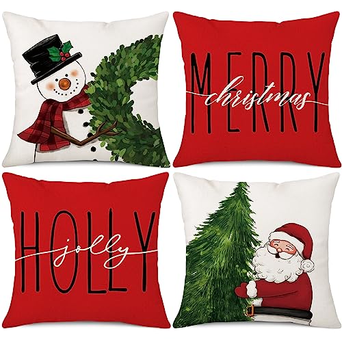 Ohok 4er Set Dekorativ Weihnachten Kissenbezug 45x45 cm, Polyester Leinen Zierkissenbezüge Grinch Hirsch Schneemann Kissenbezüge Dekor Kissenhülle Set für Schlafzimmer Wohnzimmer Sofa Couch Auto (G) von Ohok