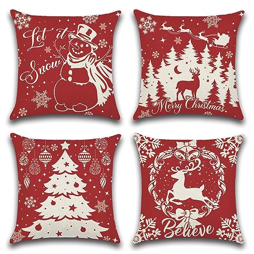 Ohok 4er Set Dekorativ Weihnachten Kissenbezug 45x45 cm, Polyester Leinen Zierkissenbezüge Kissenbezüge Dekor Kissenhülle Set für Schlafzimmer Wohnzimmer Sofa Couch Auto (Rote Weihnachten) von Ohok