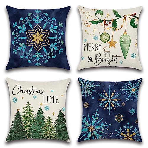 Ohok 4er Set Dekorativ Weihnachten Kissenbezug 45x45 cm, Polyester Leinen Zierkissenbezüge Kissenbezüge Dekor Kissenhülle Set für Schlafzimmer Wohnzimmer Sofa Couch Auto (Schneeflocke) von Ohok