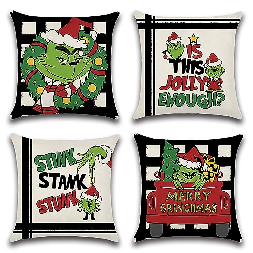 Ohok 4er Set Dekorativ Weihnachten Kissenbezug 45x45 cm, Polyester Leinen Zierkissenbezüge Kissenbezüge Dekor Kissenhülle Set für Schlafzimmer Wohnzimmer Sofa Couch Auto (Weihnachtskranz Grinch) von Ohok