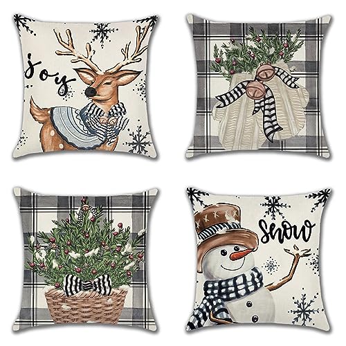 Ohok 4er Set Dekorativ Weihnachten Kissenbezug 45x45 cm, Polyester Leinen Zierkissenbezüge Kissenbezüge Dekor Kissenhülle Set für Wohnzimmer Schlafzimmer Couch Sofa (Schleife-Hirsch) von Ohok