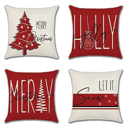 Ohok 4er Set Dekorativ Weihnachten Kissenbezug 45x45 cm, Polyester Leinen Zierkissenbezüge Kissenbezüge Dekor Kissenhülle Set für Wohnzimmer Schlafzimmer Couch Sofa (Weihnachtsbaum D) von Ohok