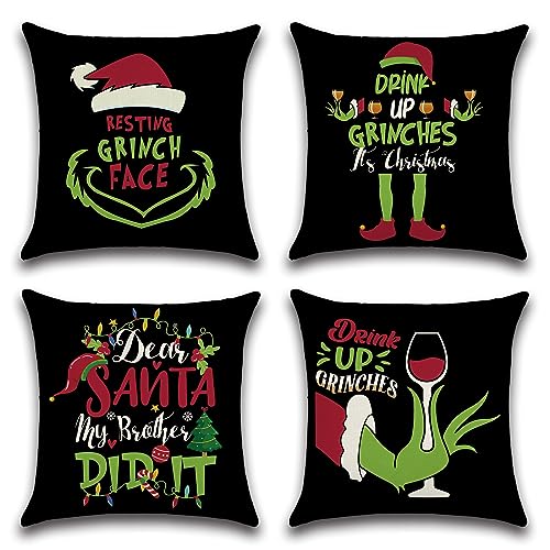 Ohok 4er Set Dekorativ Weihnachten Kissenbezug 45x45 cm, Polyester Leinen Zierkissenbezüge Kissenbezüge Dekor Kissenhülle Set für Wohnzimmer Schlafzimmer Sofa Couch Auto (Prost Grinch) von Ohok