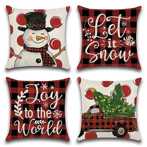 Ohok 4er Set Dekorativ Weihnachten Kissenbezug 45x45 cm, Polyester Leinen Zierkissenbezüge Kissenbezüge Dekor Kissenhülle Set für Wohnzimmer Schlafzimmer Sofa Couch Auto (Süßer Schneemann) von Ohok