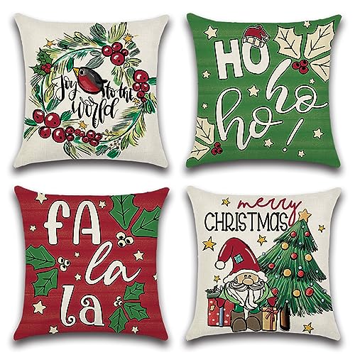 Ohok 4er Set Dekorativ Weihnachten Kissenbezug 45x45 cm, Polyester Leinen Zierkissenbezüge Kissenbezüge Dekor Kissenhülle Set für Wohnzimmer Schlafzimmer Sofa Couch Auto (Weihnachtskranz) von Ohok