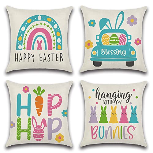 Ohok 4er Set Ostern Dekorativ Kissenbezug 45x45 cm, Polyester Leinen Zierkissenbezüge, Deko Sofakissen Couchkissen Frühling Kissenhülle Set für Schlafzimmer Wohnzimmer Sofa Couch Auto (Regenbogenhase) von Ohok