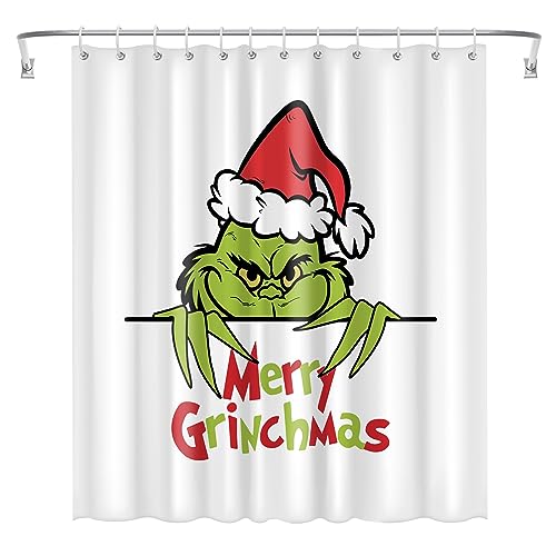 Ohok Badezimmer Duschvorhang 180 x 180 cm, wasserdichte Weihnachten Duschvorhänge mit 12 Haken, Baddekoration Badvorhang Langlebiger Polyester Badvorhang (Grinsen Grinch) von Ohok