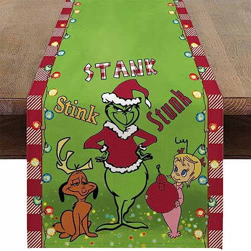 Ohok Weihnachten Tischläufer 33 x 183 cm, Leinen Weihnachten Serie Tischläufer Küche Esstisch Dekoration für Drinnen und Draußen Urlaub Party Bauernhaus Wohnzimmer Dekor (Grinch B) von Ohok