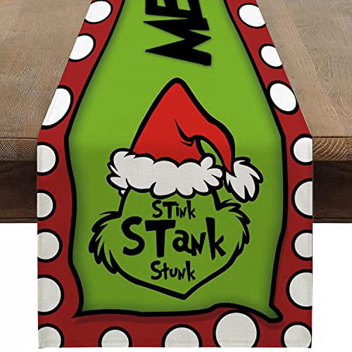 Ohok Weihnachten Tischläufer 33 x 183 cm, Leinen Weihnachtsgrinch Serie Tischläufer Küche Esstisch Dekoration für Drinnen und Draußen Urlaub Party Bauernhaus Wohnzimmer Dekor (Stank) von Ohok