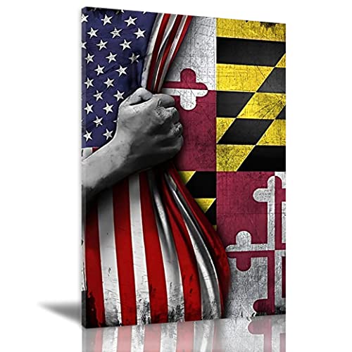 Leinwanddrucke Wandkunst für Zuhause und Büro Wanddekoration Maryland Staatsflagge und amerikanische Flagge Leinwand Kunstdruck Gemälde Bild patriotisch modern abstrakt gerahmte Wandkunst für von Oitrela