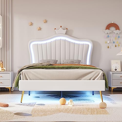 Ojiuboo Kinderbett Polsterbet, Bettgestell für Mädchen, weißes Kronen-Doppelbettgestell aus PU-Leder mit LED-Leuchten, Lattenrost und Rückenlehne,Weiß, 90 x 200 cm von Ojiuboo