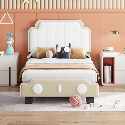Ojiuboo Kinderbett Polsterbett, PU-Leder Zweifarbig, passend für Jungen und Mädchen, einzigartiges Styling mit Lattenrost Flachbett, Grau,90 * 200 cm von Ojiuboo