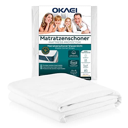 Okaei Matratzenschoner 200 x 200 cm wasserdicht | Oberfläche aus 100% Baumwolle | Atmungsaktive Matratzenauflage | Matratzenschutz ohne Knistern | Oeko-Tex Zertifiziert | Eckgummis Elastisch​ von Okaei