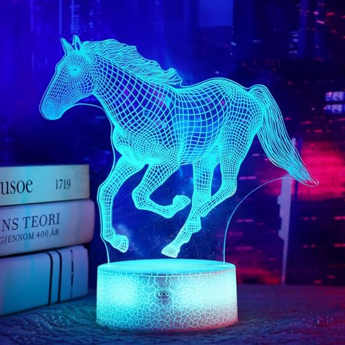 OkiyiD Pferd Geschenke für Mädchen, Pferd 3D Illusion Lampe Pferd Nachtlicht mit Fernbedienung + Touch 16 Farbwechsel + Timer Schreibtischlampen für Mädchen Zimmerdekor (Pferd 1) von OkiyiD