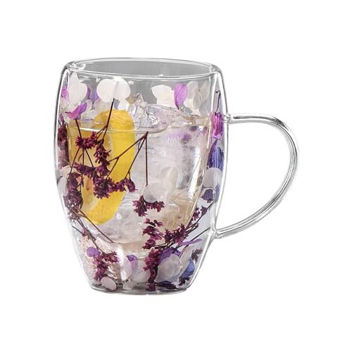 350ml Doppelwandige Glastasse Mit Trockenblumen, Kaffeetasse mit Trockenblumen, Doppelwandiger Blumenbecher, Glas-Kaffeetassen mit Griff, Isoliertes Glas, für Tee, Milch, heiße oder kalte Getränke von Oldmoom