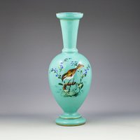 Antike Boho Türkis Opalglas Vase Vögel Und Blume Emaille Dekoration von OldtimeAndAgain