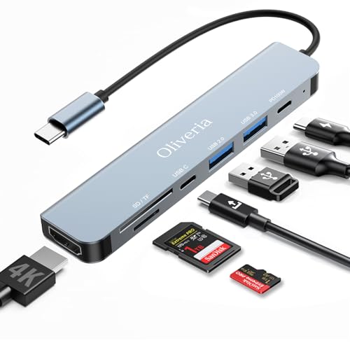 USB C Hub, 7 in 1 USB C Multiport Adapter mit USB C auf 4K HDMI, SD&TF Kartenleser, USB 3.0&USB 2.0 Ports, 100W PD, USB Typ C Hub für MacBook Air/Pro, Galaxy, iPad, Surface Book, Chromebook usw von Oliveria