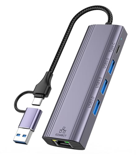 Oliveria USB Type-C auf Ethernet Adapter, Gigabit RJ45 LAN 1000 Mbit/s Netzwerkadapter mit 3 *USB 3.0 & USB Type-C Ports, USB-C auf Ethernet Adapter für Windows XP/MAC/Linux/Chromebook, Plug and Play von Oliveria