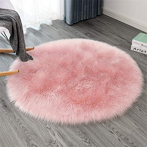 Ommda Teppiche Kunstfell für Wohnzimmer Teppich Fellimitat Rund für Schlafzimmer Wollteppich Shaggy Langflor Abwaschbar für Kinderzimmer,Rosa,100cm von Ommda