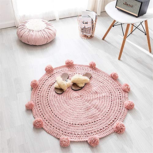 Ommda Teppiche Wohnzimmer Modern Nordisch Teppich Wolle Stricken Rund Teppiche Schlafzimmer Ornament mit Flauschigen Bällen,Rosa,Φ90cm von Ommda