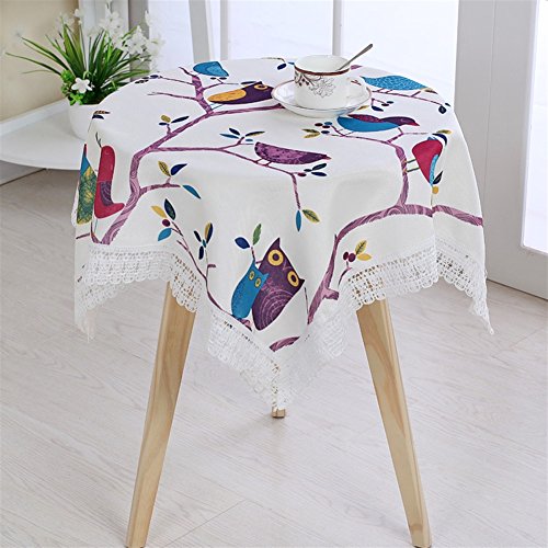 Ommda Tischdecke Leinen Abwaschbar Blumendruck Tischdecke Wasserabweisend für Rund Tabelle 100x100cm lila Vögel von Ommda