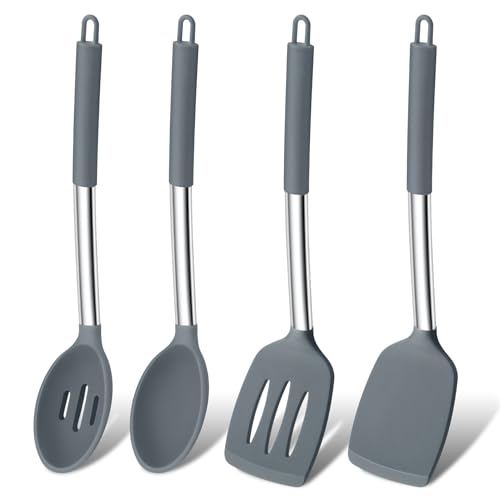 Onader Küchenhelfer Set, 4 Stück Silikon Pfannenwender Kochlöffel Set, Hitzebeständig Küchenutensilien Set mit Edelstahlgriff, Gesund & Spülmaschinenfest – Grau von Onader