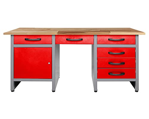 Ondis24 Werkbank 160 cm rot mit 6 Schiebern und Tür abschließbar Werktisch für Werkstatt Holz Arbeitsplatte von Ondis24