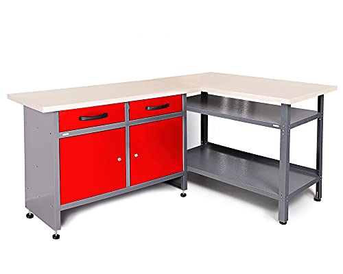 Ondis24 Werkstatt-Set Ecklösung Sparfuchs Plus 120 x 120 x 85cm (H), 2X Werkbank aus Metall, melaminbeschichtete Arbeitsplatte, Problemlöser für Ecke von Ondis24