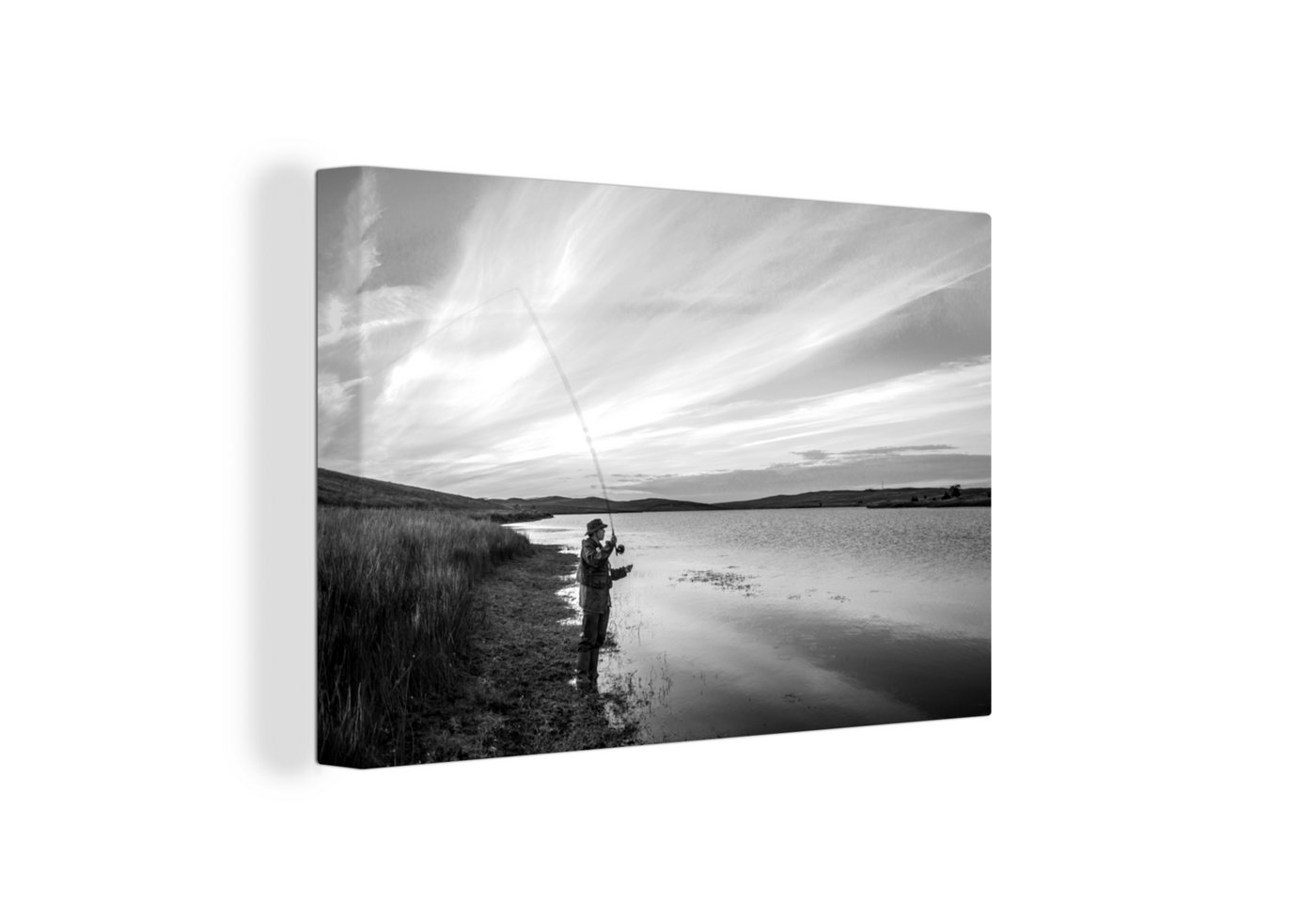 OneMillionCanvasses® Leinwandbild Fischer am Wasser - schwarz und weiß, (1 St), Wandbild Leinwandbilder, Aufhängefertig, Wanddeko, 30x20 cm von OneMillionCanvasses®