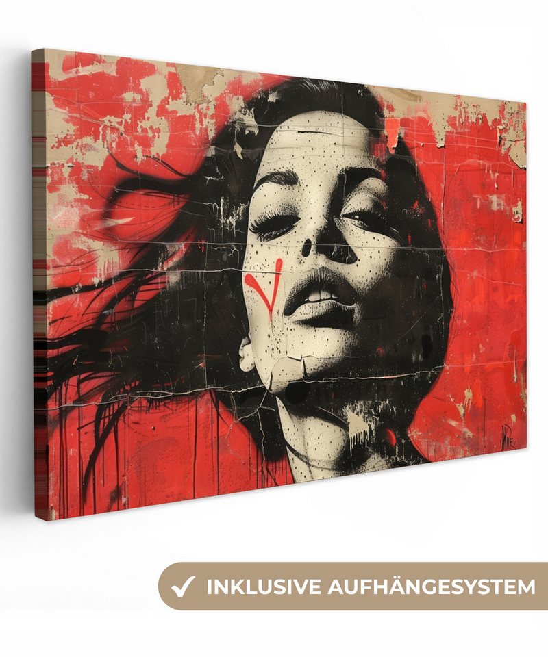 OneMillionCanvasses® Leinwandbild Graffiti - Frau - Abstrakt - Modern - Kunst - Ästhetik, Rot - Frau (1 St), Leinwand Bilder Klein, Wand Dekoration 30x20 cm von OneMillionCanvasses®