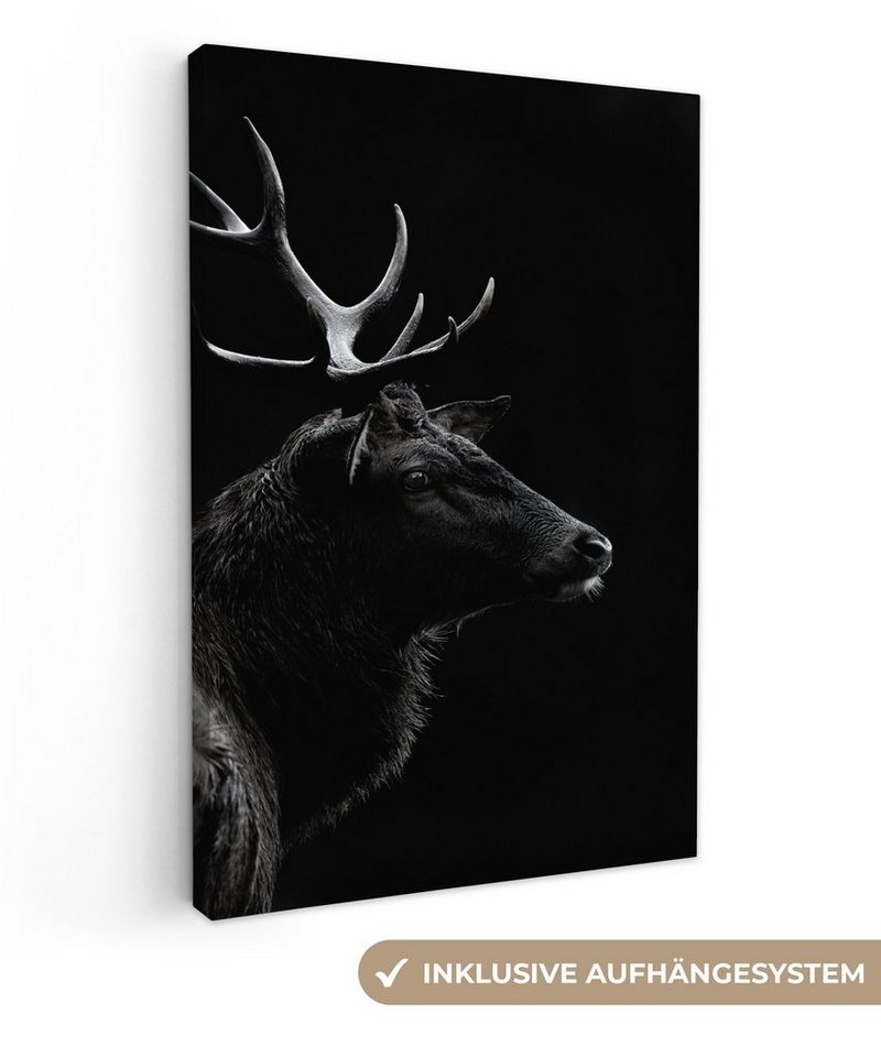 OneMillionCanvasses® Leinwandbild Hirsch - Schwarz - Porträt - Geweih - Tiere, (1 St), Leinwandbild fertig bespannt inkl. Zackenaufhänger, Gemälde, 20x30 cm von OneMillionCanvasses®