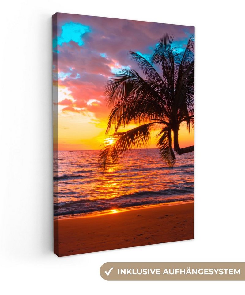 OneMillionCanvasses® Leinwandbild Palme - Sonnenuntergang - Strand - Meer - Horizont, (1 St), Leinwandbild fertig bespannt inkl. Zackenaufhänger, Gemälde, 20x30 cm von OneMillionCanvasses®