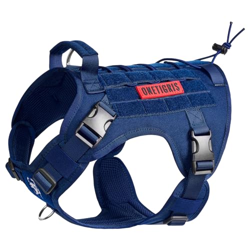 OneTigris Hundegeschirr, FIRE Watcher Taktische Geschirr MOLLE Sicherheitsgeschirr Service Hunde Hundeweste mit 1 Griffe und 2 No-Pull D-Ring 1000D Nylon (M, Blau) von OneTigris