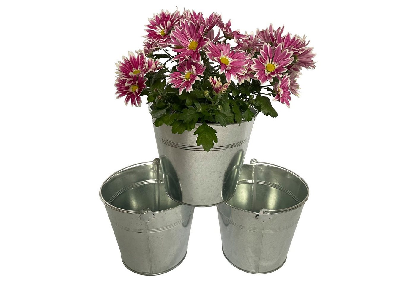 Online-Fuchs Blumentopf 3er Set Pflanzgefäße aus Zink Silber Metall Übertopf Kräuter P45, 19 x 19 x 16 cm, schlicht Henkel Eimer-Design Garten Terrasse Balkon von Online-Fuchs