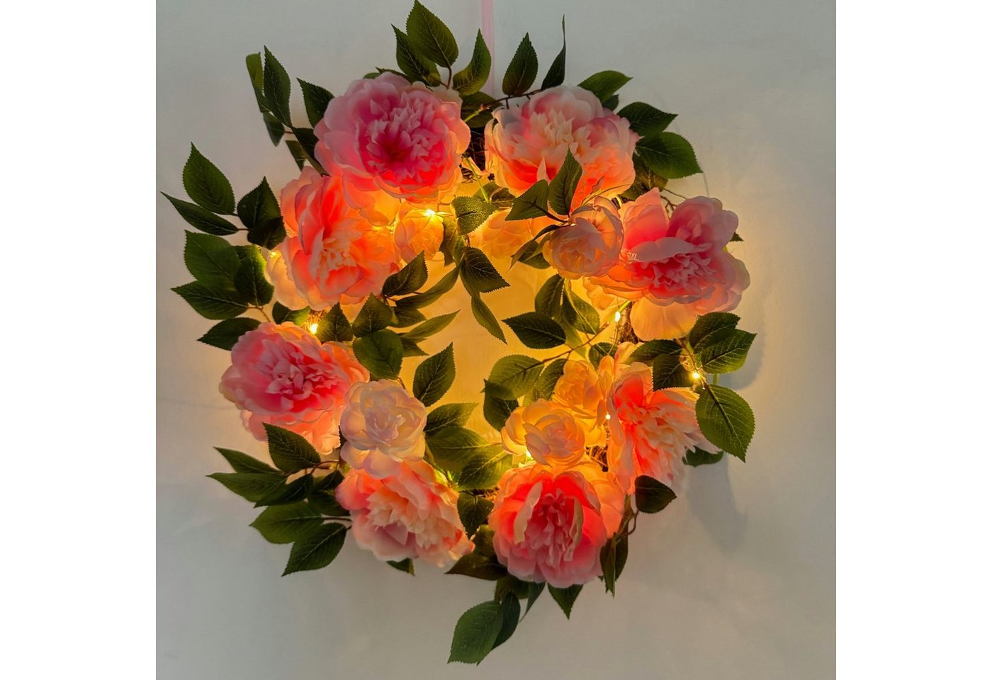 Online-Fuchs Dekokranz Türkranz Frühling mit rosa Rosen zum Hängen, mit LED Lichterkette, beleuchtet, inkl. Timerfunktion von Online-Fuchs