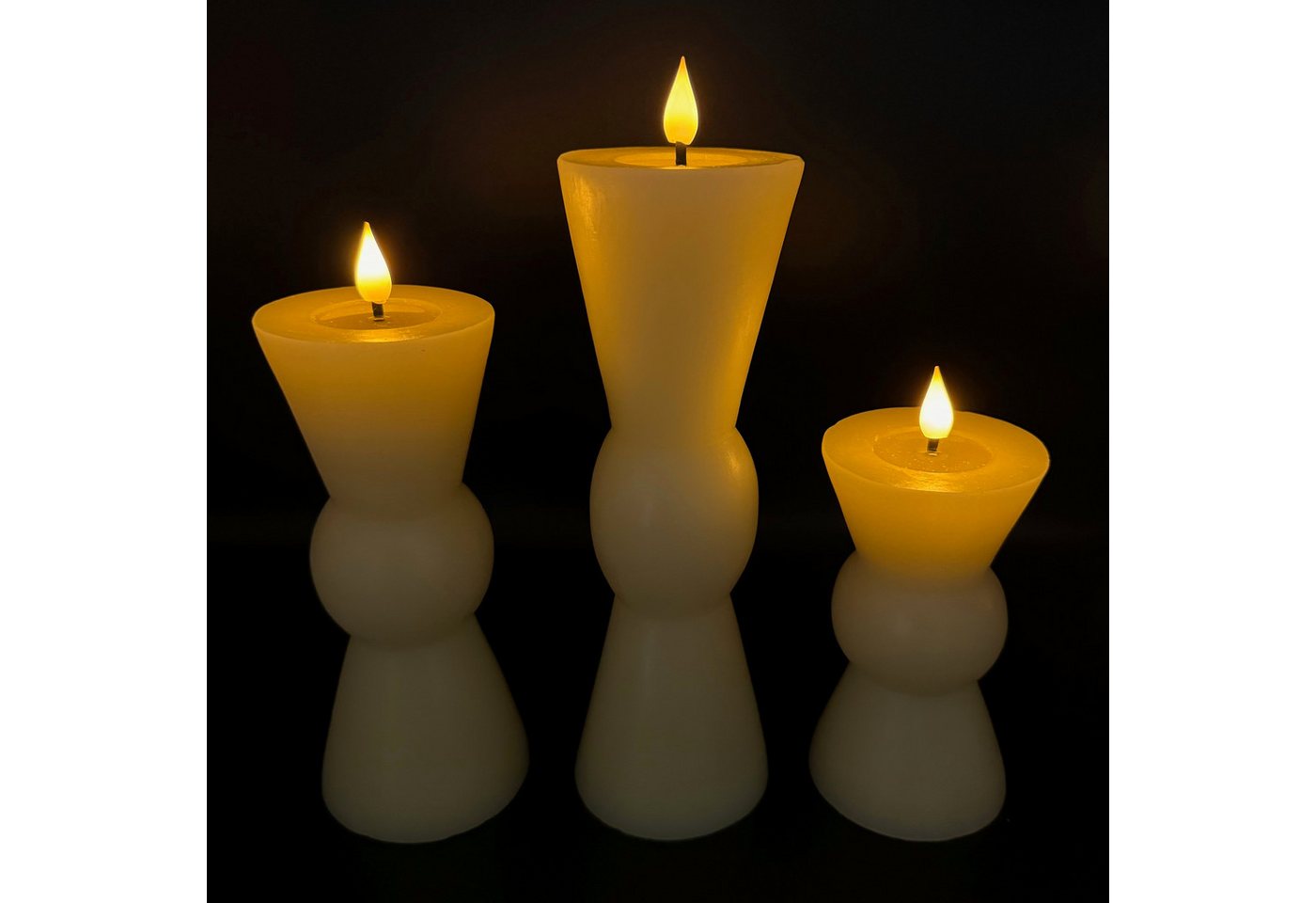 Online-Fuchs LED-Kerze 3er Set große Formkerzen aus Echtwachs mit 6-Stunden Timer (Creme, Grün und Altrosa -, Spiegelnde Flamme mit Docht), 18 bis 27 cm groß von Online-Fuchs
