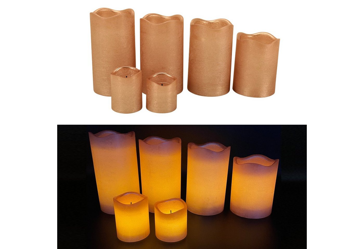 Online-Fuchs LED-Kerze 4 + 2er Set LED Kerzen aus Echtwachs mit Timer und Fernbedienung (Champagner, Weiß, Silber, Rot, Róse -, Metallic-Design), ohne Flamme, leuchten aus dem Inneren von Online-Fuchs