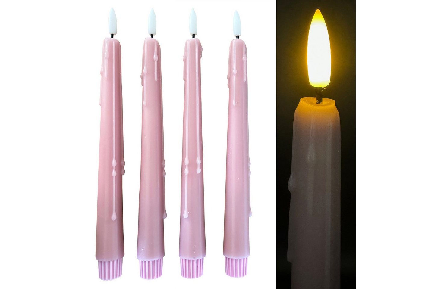 Online-Fuchs LED-Kerze 4 LED Stabkerzen im Set mit Wachstropfen aus Echtwachs - (Fernbedienung und Timerfunktion -, Creme, Weiß, Rosa, Salbei Grün), 198 von Online-Fuchs