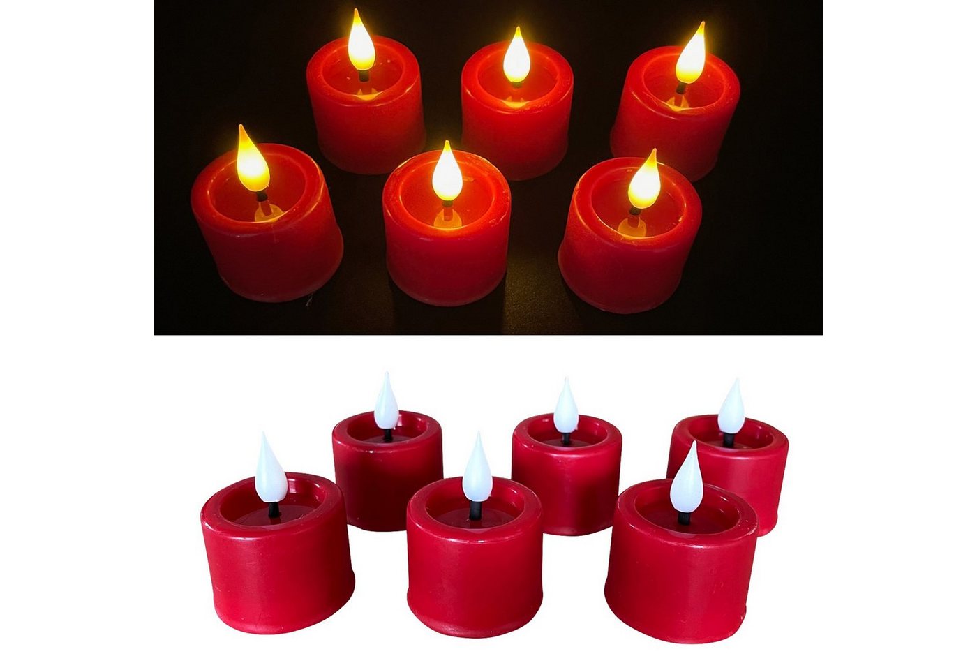 Online-Fuchs LED-Kerze als 6er Set Teelichter mit Flamme, ROT 191 (mit Echtwachs überzogen, spiegelnde Flamme), Maße: 4 x 3 cm, Fernbedienung, 6-Stunden-Timer von Online-Fuchs