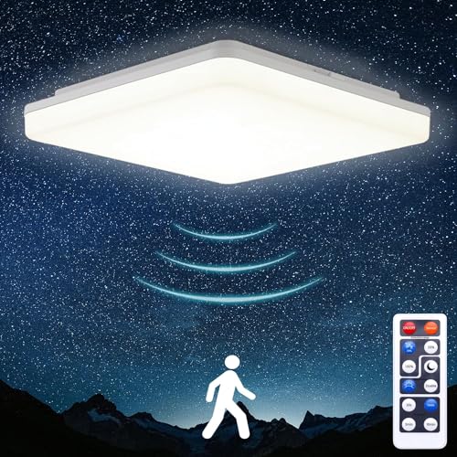 Oraymin LED Deckenlampe mit Radar Bewegungsmelder 18W 1800LM, LED Deckenleuchte mit Fernbedienung, IP54 4000K Lampe mit Bewegungsmelder Innen für Treppe Flur Keller Garage Carport, Quadratisch, 22 cm von Oraymin