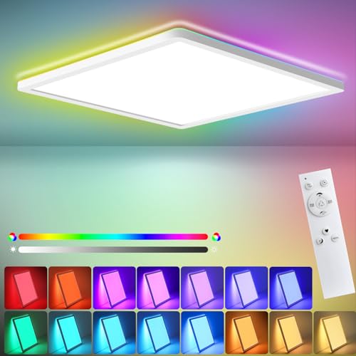 Oraymin LED Deckenleuchte Dimmbar mit Fernbedienung, 22W 2420LM 4000K/RGB Farbwechsel LED Deckenlampe Dimmbar,IP44 Quadratisch Flach Panel Lampe für Wohnzimmer Schlafzimmer Kinderzimmer von Oraymin